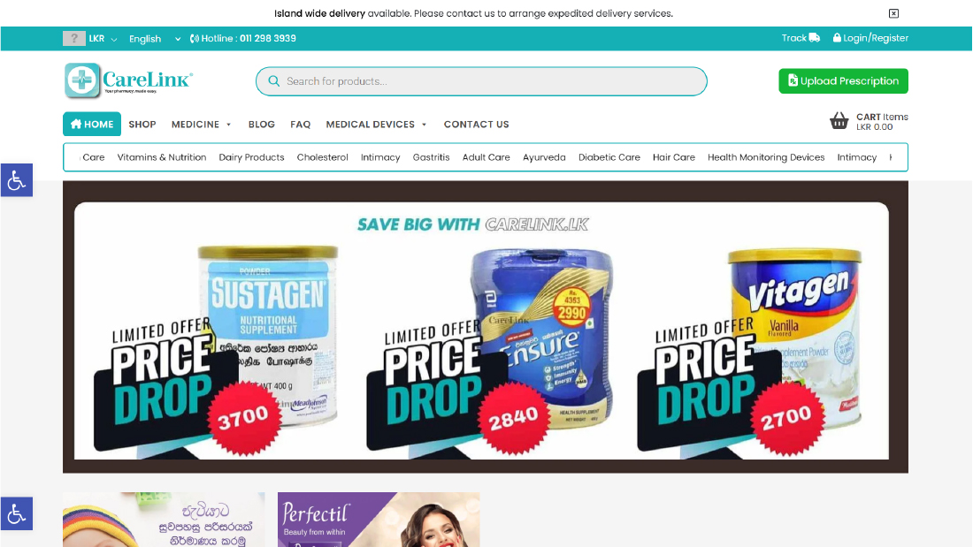 home page of carelink.lk